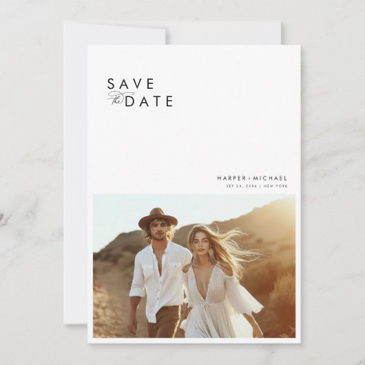 Boho Minimalist写真Save the Date 招待状 (正面)