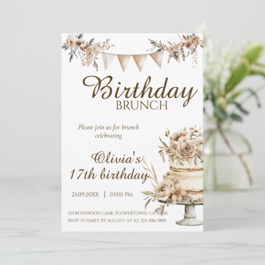 Boho minimalist birthday invitation, brunch invite 招待状 (スタンド正面)