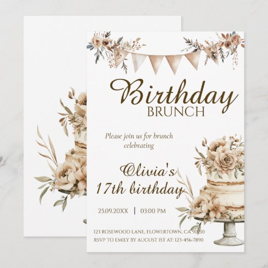 Boho minimalist birthday invitation, brunch invite 招待状 (正面/裏面)