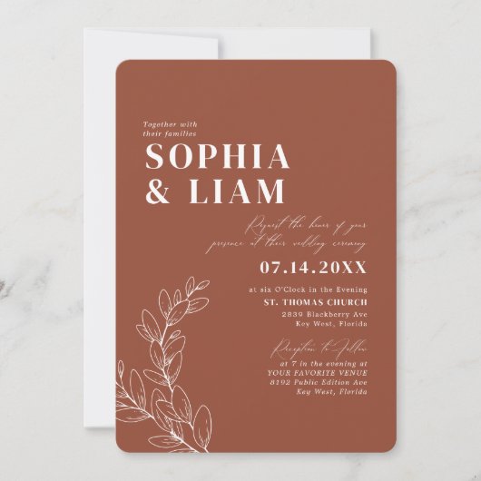 Boho Minimalist Botanicals Terracotta Wedding 招待状 (正面)