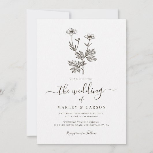Boho Minimalist Botanicals Wildflower Wedding 招待状 (正面)