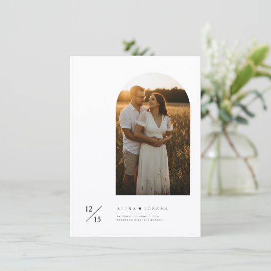Boho Minimalist Budget Arch Photo Wedding 招待状 (スタンド正面)