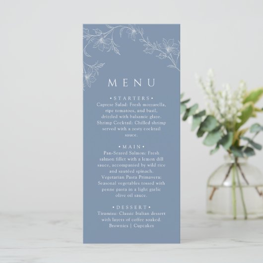 Boho Minimalist Dusty Blue Wedding Dinner メニュー (スタンド正面)