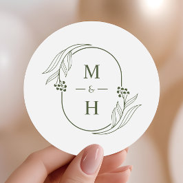Boho Minimalist Monogram  Olive Green Wedding  ラウンドシール