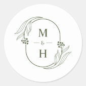 Boho Minimalist Monogram Olive Green Wedding ラウンドシール (正面)
