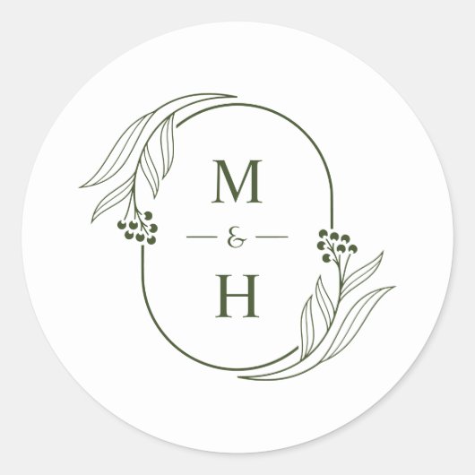 Boho Minimalist Monogram  Olive Green Wedding  ラウンドシール (正面)