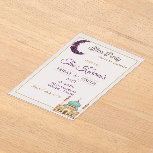 Boho Minimalist Mosque Ramadan Iftar Party アクリル招待状 (レイダウン)