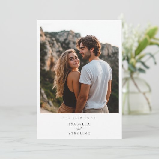 Boho Minimalist Mountain Sunset Photo 結婚's 招待状 (スタンド正面)