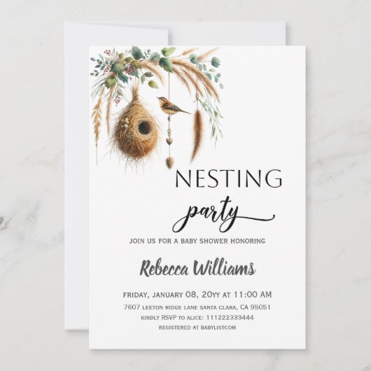 Boho Minimalist Nesting Party Bird Baby Shower 招待状 (正面)