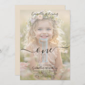 Boho Minimalist One Girl Photo 1st Birthday 招待状 (正面/裏面)