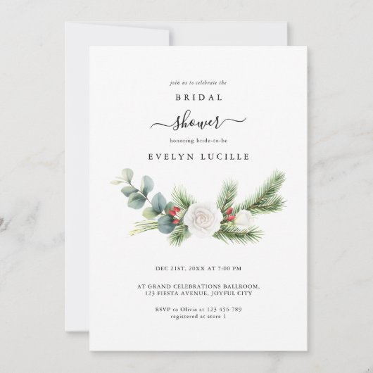 Boho Minimalist Script Evergreen Bridal Shower 招待状 (正面)