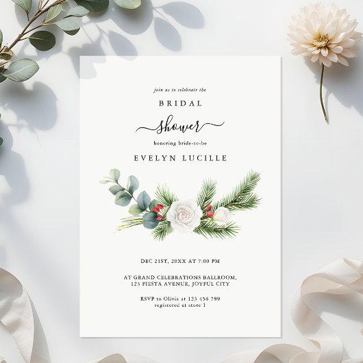 Boho Minimalist Script Evergreen Bridal Shower 招待状