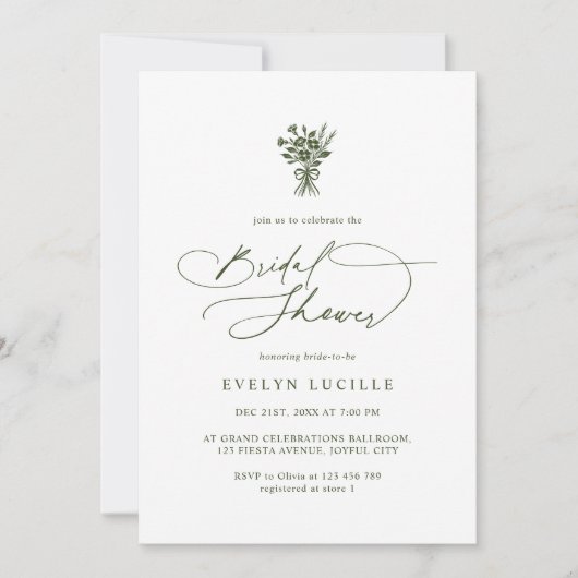 Boho Minimalist Script Olive Green Bridal Shower 招待状 (正面)