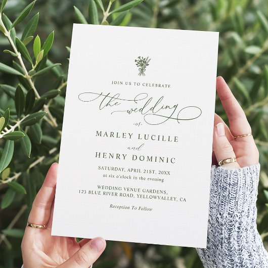 Boho Minimalist Script Olive Green Wedding  招待状