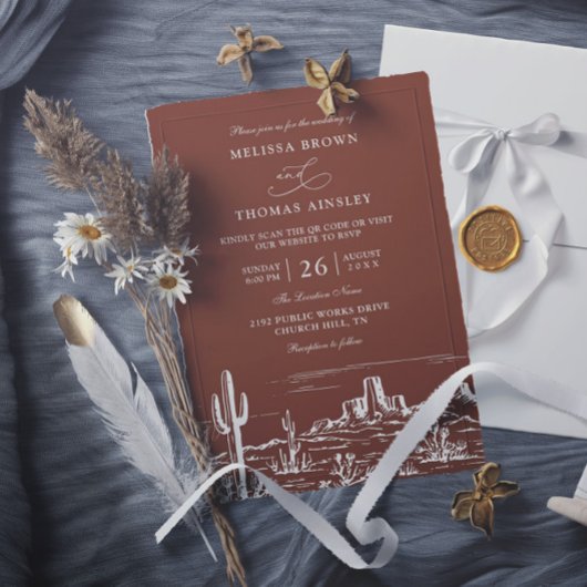 Boho Minimalist Terracotta Western QR Code Wedding 招待状