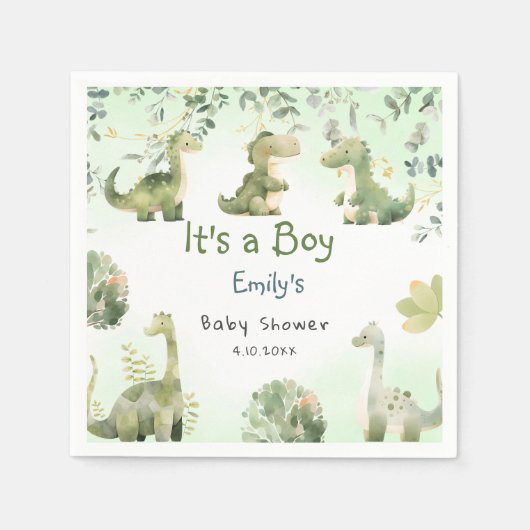 Boho Modern Boho Watercolor Dinosaur Greenery Boy  スタンダードカクテルナプキン (正面)