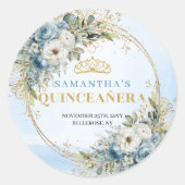 Boho Modern Floral Blue Gold Greenery Quinceañera ラウンドシール (正面)