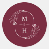 Boho Modern Monogram Elegant Burgundy Wedding ラウンドシール (正面)