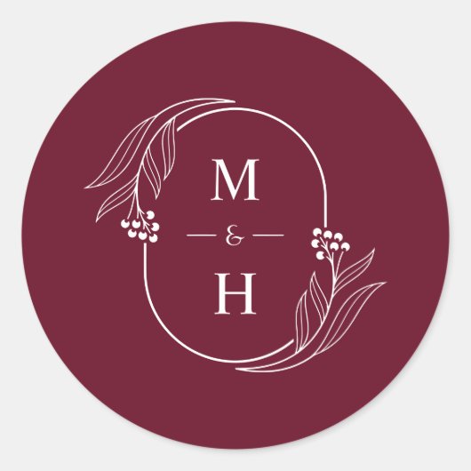 Boho Modern Monogram Elegant Burgundy Wedding ラウンドシール (正面)