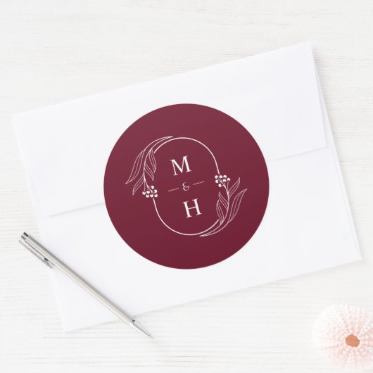 Boho Modern Monogram Elegant Burgundy Wedding ラウンドシール (封筒)