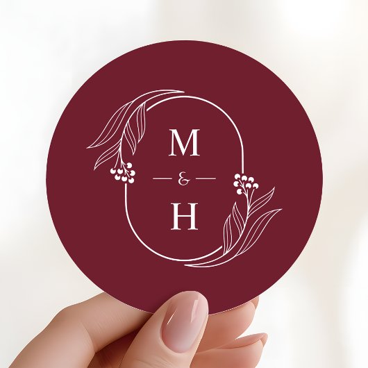 Boho Modern Monogram Elegant Burgundy Wedding ラウンドシール