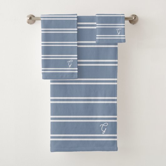 Boho Modern Monogrammed Name Striped Coastal Blue バスタオルセット (インサイチュ)