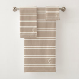 Boho Modern Monogrammed Name Striped Taupe バスタオルセット
