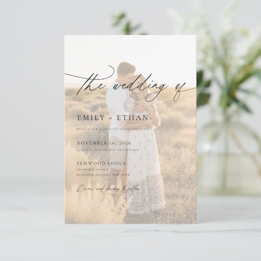 Boho Modern Vellum Overlay Photo QR Code Wedding  招待状 (スタンド正面)