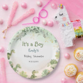 Boho Modern Watercolor Dinosaur Greenery Boy ペーパープレート (パーティー)