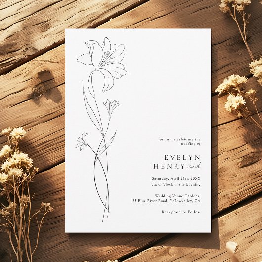 Boho Modern Wildflower Drawing Line Art Wedding 招待状