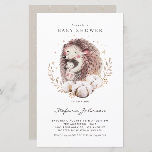 Boho Mom and Baby Hedgehog Baby Shower Invitation (正面/裏面)