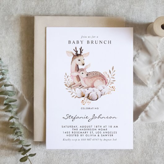 Boho Mommy and Baby Deer Woodland Baby Brunch 招待状