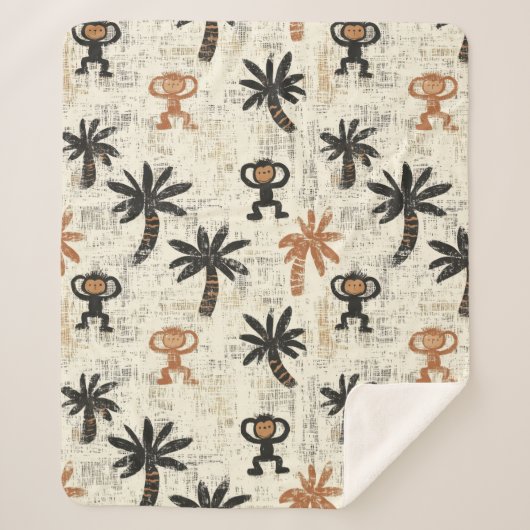 Boho Monkey Jungle Safari Pattern シェルパブランケット (正面)