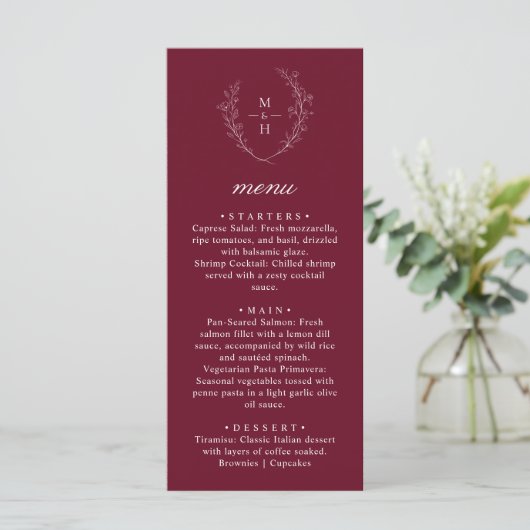 Boho Monogram Elegant Burgundy Wedding Dinner メニュー (スタンド正面)