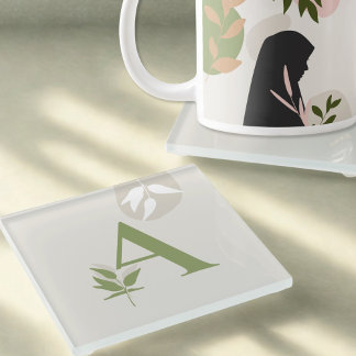 Boho Monogram Glass Coaster | Sage Green & Cream ガラスコースター