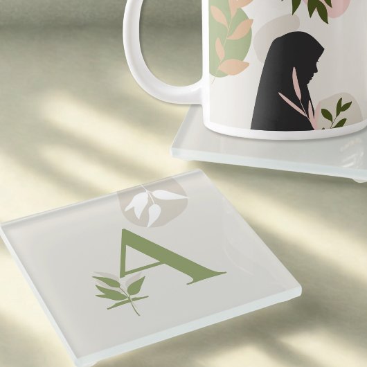 Boho Monogram Glass Coaster | Sage Green & Cream ガラスコースター