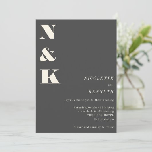 Boho Monogram Initials Charcoal Gray Photo Wedding 招待状 (スタンド正面)