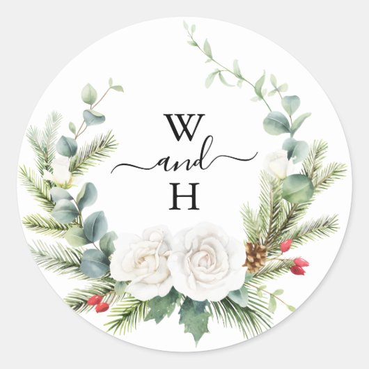 Boho Monogram Winter Greenery Wedding Favor ラウンドシール (正面)
