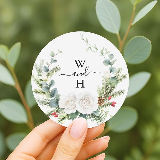 Boho Monogram Winter Greenery Wedding Favor ラウンドシール