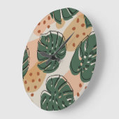Boho monstera:抽象芸術の熱帯パターン ラージ壁時計 (傾斜)