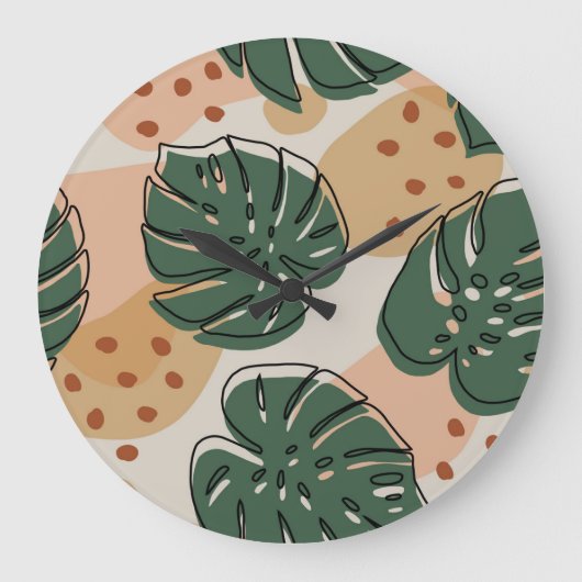 Boho monstera:抽象芸術の熱帯パターン ラージ壁時計 (正面)