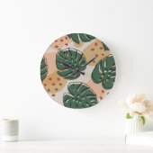 Boho monstera:抽象芸術の熱帯パターン ラージ壁時計 (ホーム)