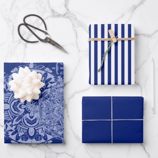 Boho Moody Blues Mandalas、ストライプ、無地の ラッピングペーパーシート (正面)