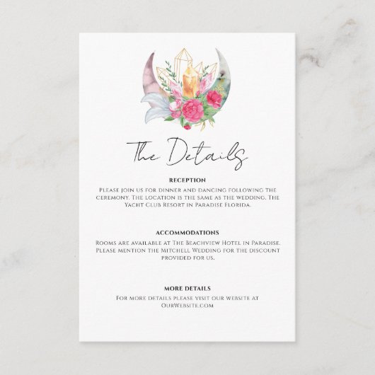 Boho Moon Crystals羽ピンクの花結婚の花 エンクロージャーカード (正面)