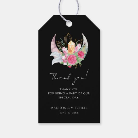 Boho Moon Crystals羽ピンクの花結婚の花 ギフトタグ (正面)