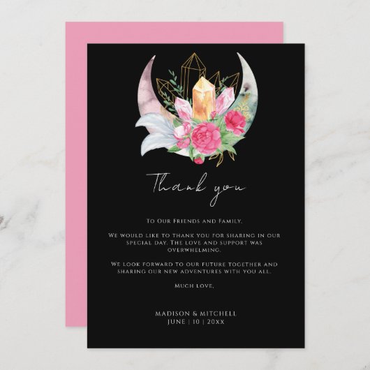 Boho Moon Crystals羽ピンクの花結婚の花 サンキューカード (正面/裏面)
