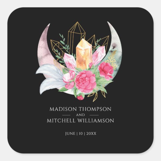 Boho Moon Crystals羽ピンクの花結婚の花 スクエアシール (正面)
