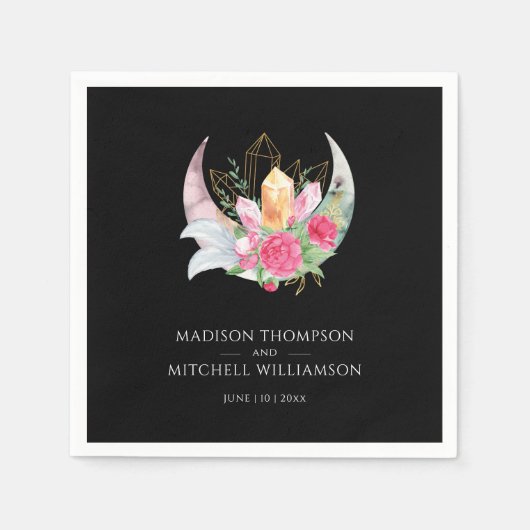 Boho Moon Crystals羽ピンクの花結婚の花 スタンダードカクテルナプキン (正面)