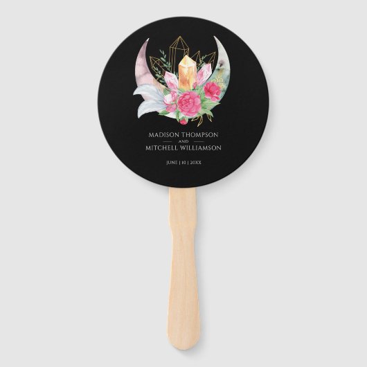 Boho Moon Crystals羽ピンクの花結婚の花 ハンドファン (正面)