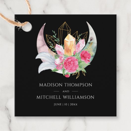 Boho Moon Crystals羽ピンクの花結婚の花 フェイバータグ (正面)